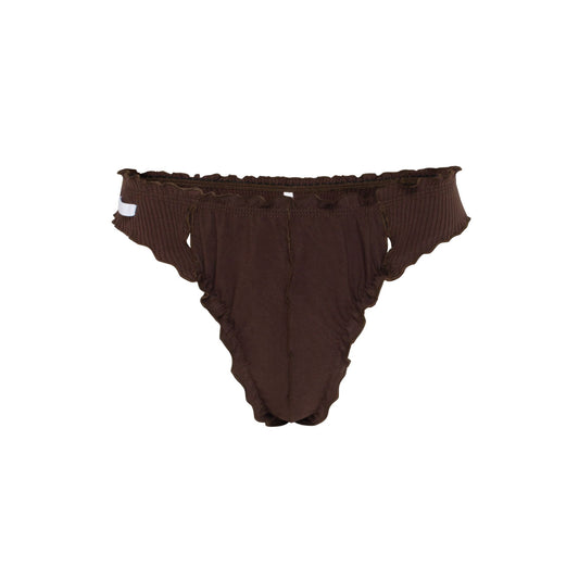 Brown wavy thong underwear with scalloped edges and front seam detail