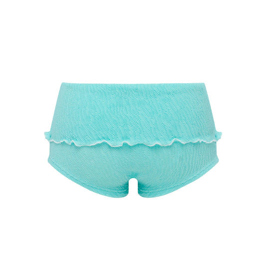Mint swim shorts with scalloped hem, back view