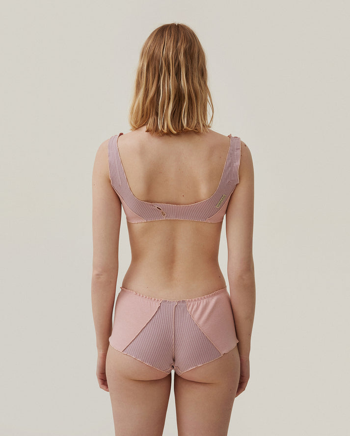Pink ribbed boyshorts with scooped back and elastic leg openings