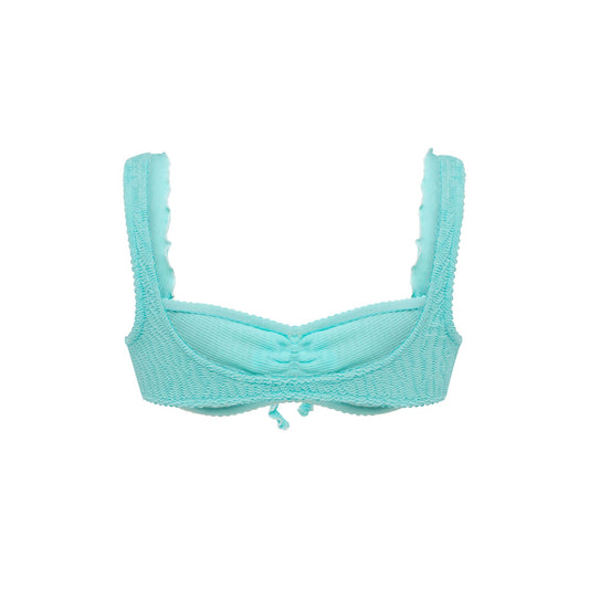 Mint ruffle bikini top with crisscross back straps and scalloped edging