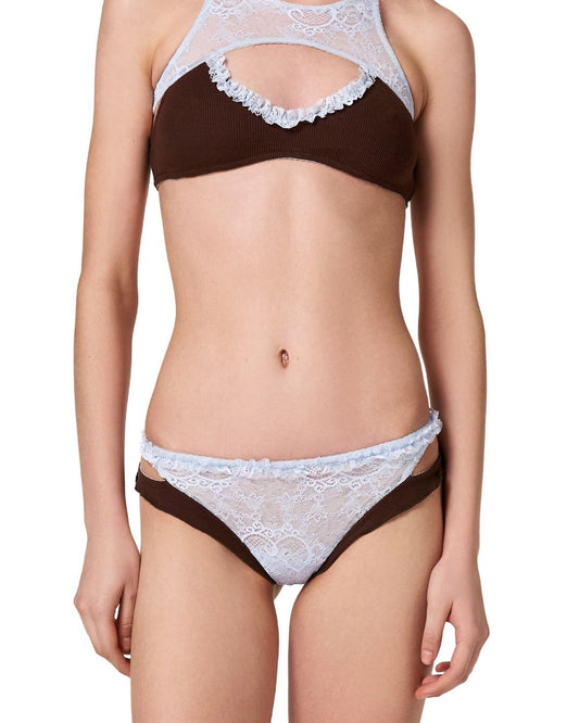 Double Tanga Panties in Brown with Blue Lace