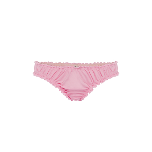 Pink ruched tanga underwear with ruffled waistband and gathered sides