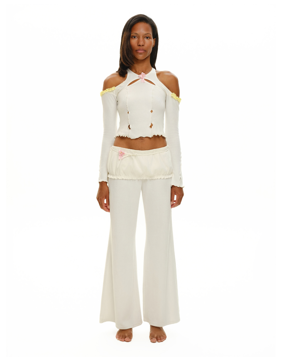 White wide-leg pants with ruched elastic waistband and loose flared legs