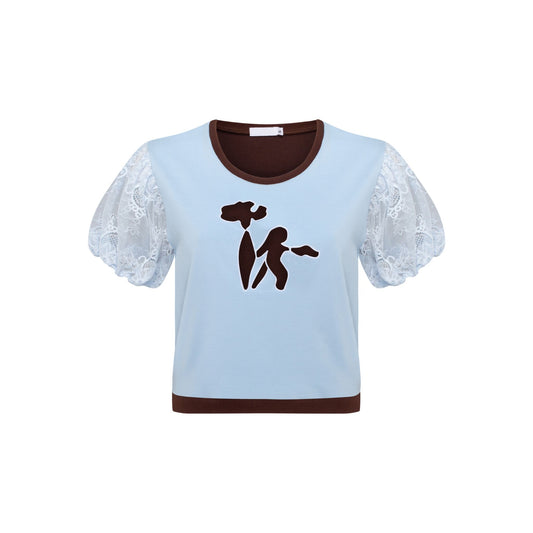 T-Shirt with Decorative Cutout in Brown with Blue