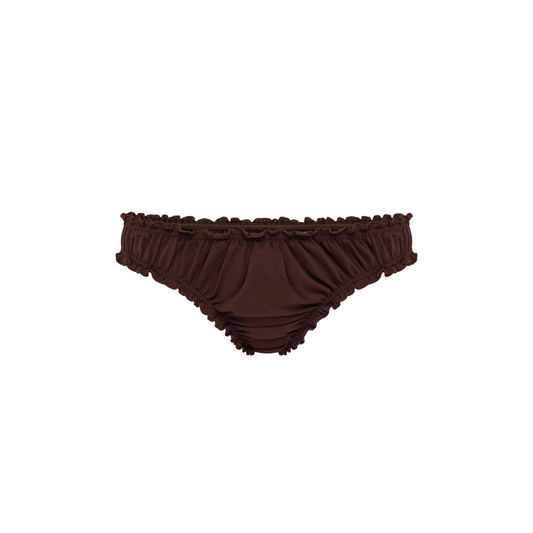 Brown tanga underwear with ruched sides and scalloped trim