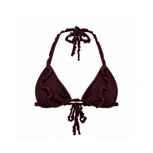 Brown bikini top with triangle cups, ruffled edges, and tie at center and neck.
