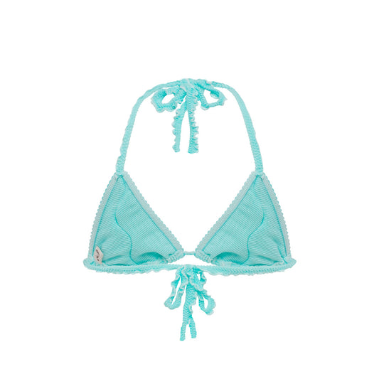 Mint triangle bikini top with tie-back straps and tassel string