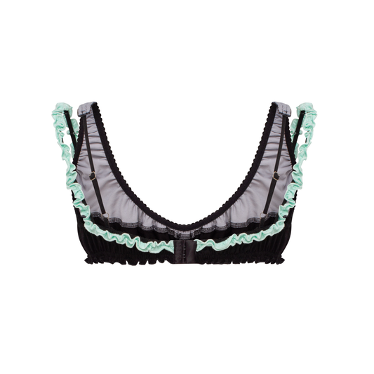 Black underwired bra with mint ruffle trim and gathered hem