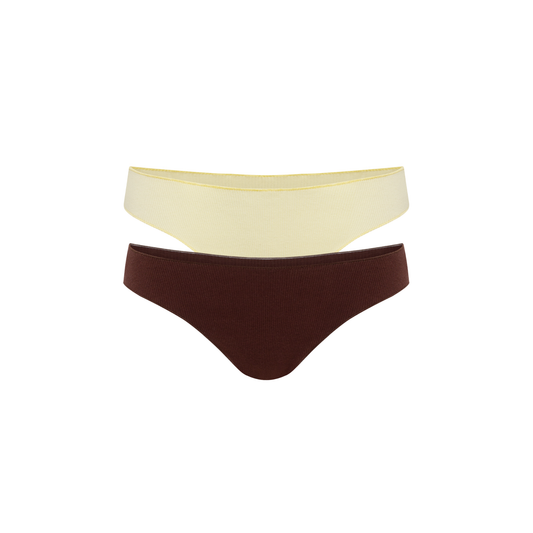 Seamless tanga set, yellow and dark brown, two-pack bottoms laid flat