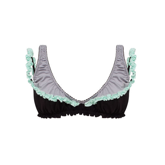 Black ruffle bralette with mint-green trim and ruched cups
