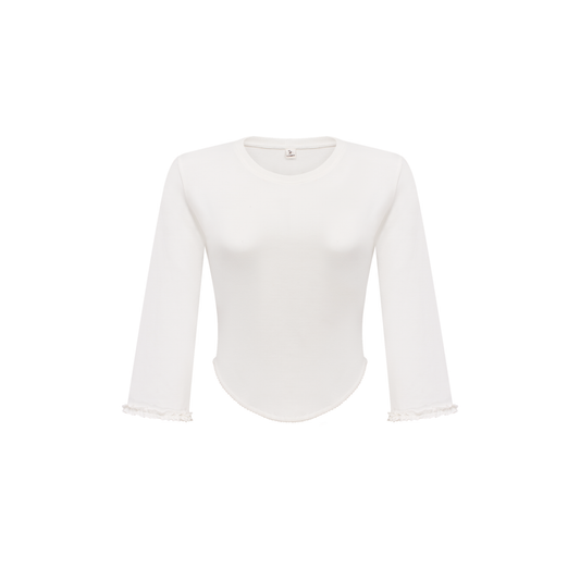 White openwork long-sleeve top with lace-trim cuffs, crew neckline, front view