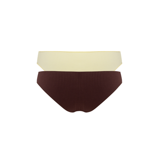 Seamless tanga set, yellow and dark brown, two-pack bottoms laid flat