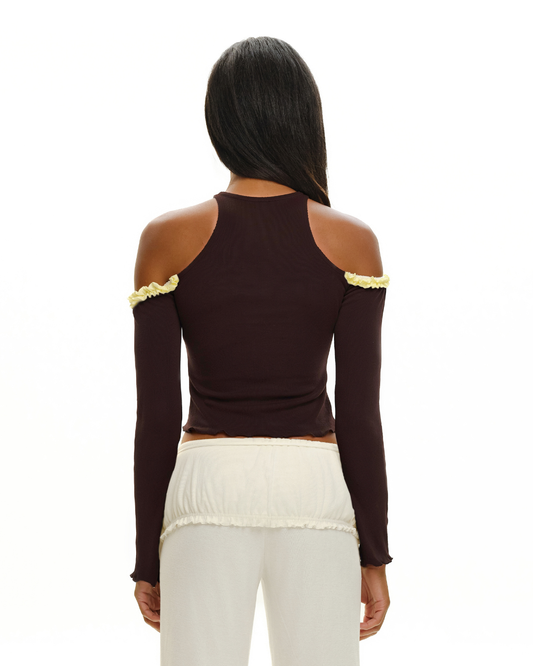 Brown long-sleeve off-shoulder top with yellow-trim cuffs and cutout back