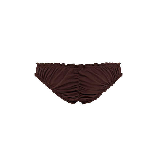 Brown tanga underwear with center seam, gathered waistband, and scalloped edges