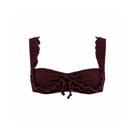 Bikini top with ruffle trim and center tie, dark brown.