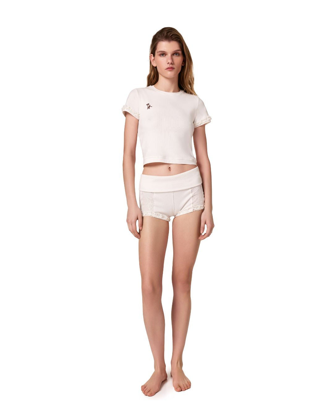 White cropped T-shirt with faux bra front and lace-trim short sleeves