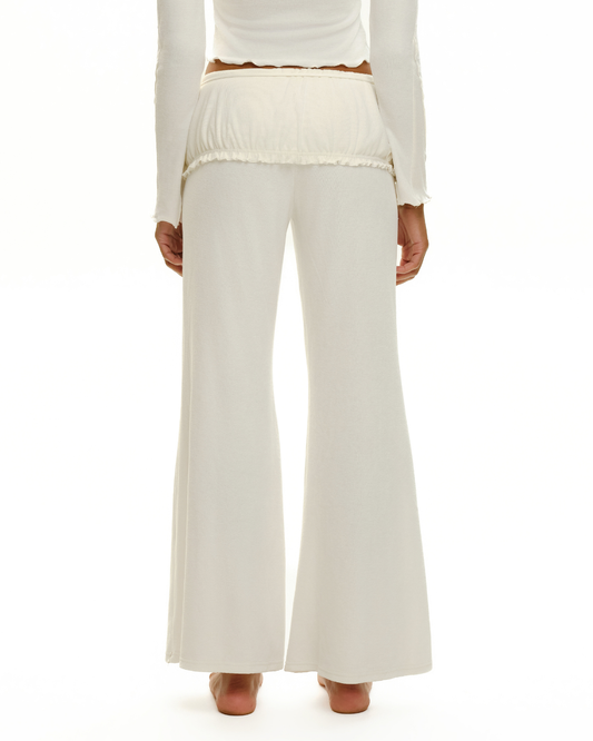 White wide-leg pants with elastic ruched waistband and straight wide legs