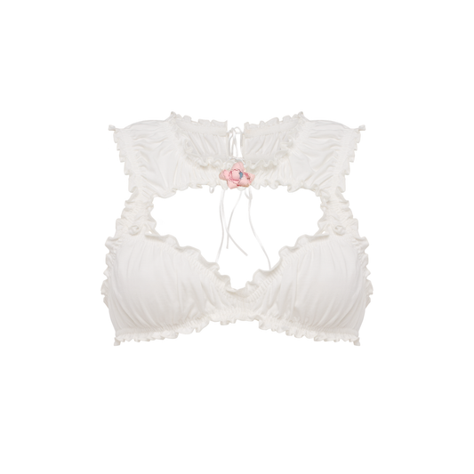 White rosette ruffle bikini-style top with crisscross tie back