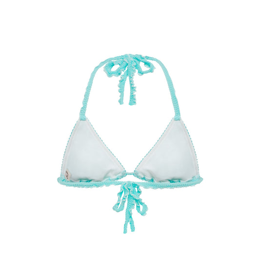 Mint triangle bikini top with scalloped trim and tie at center