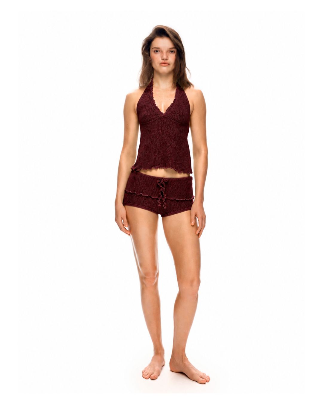 Burgundy halter tankini top with scalloped edge and tie neckline