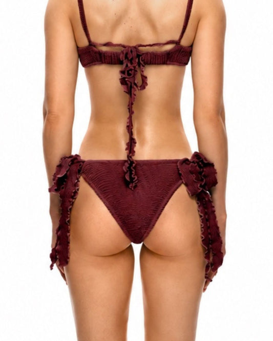 Bikini tanga bottoms in dark burgundy with ruched triangle front and hanging side ties