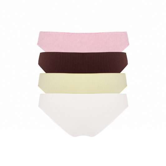 Flat view of seamless tanga set of 4 in pink, dark brown, pale yellow, white