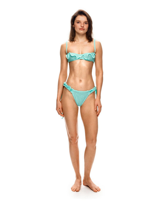 Mint bikini tanga bottoms with ruffle edges and side tie strings
