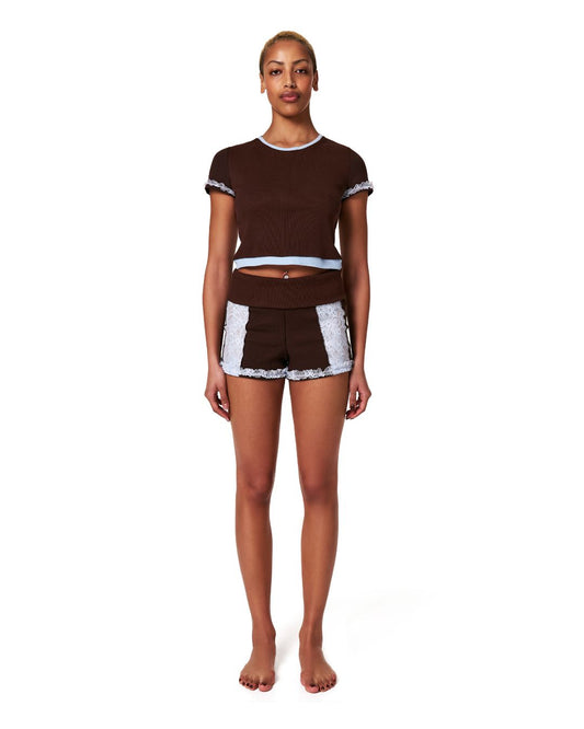 Shorts with Waistband in Brown with Blue Lace