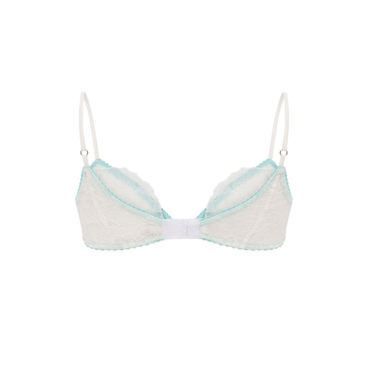 White lace underwire bra with light blue trim, scalloped cups, and thin adjustable straps