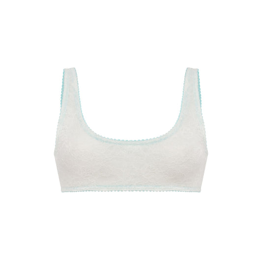 Lace bralette top with scoop neckline and wide elastic straps, light color