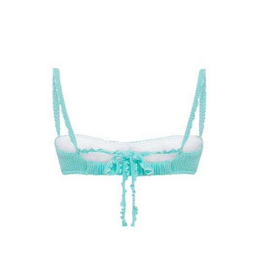Mint bikini top with ruched wave texture and tie-front, adjustable straps