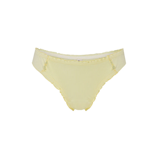Yellow ribbed tanga underwear with scalloped edge trim