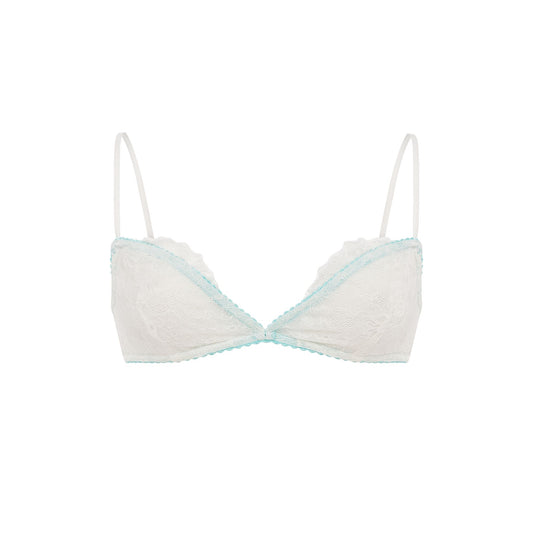 White lace bra with light blue trim, underwire cups, and center bow; thin straps