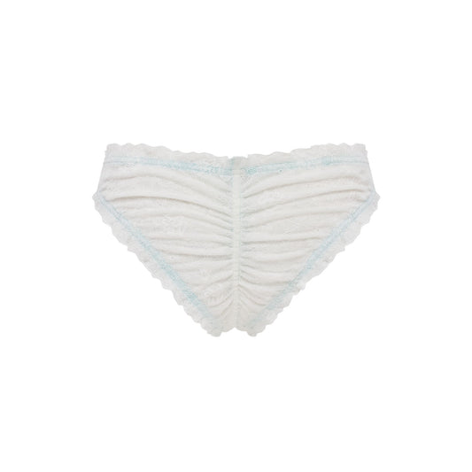 White lace thong with ruched back and light blue waistband trim