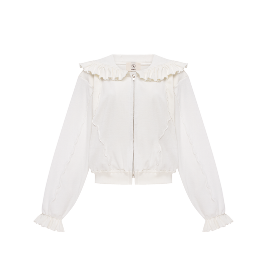 White ruffle-trim zip-up hoodie with front zipper and long sleeves, ruffled hood