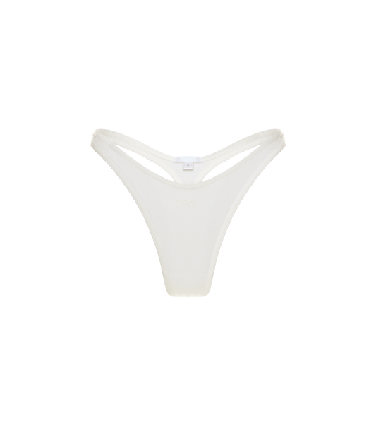White viscose thong with scalloped elastic trim and center logo