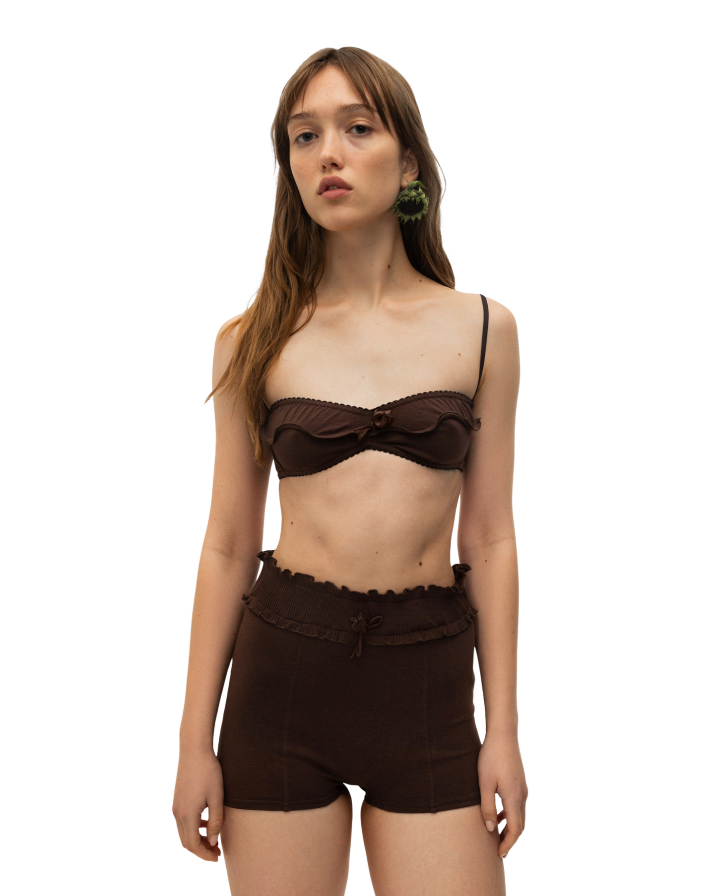 Brown wave bralette with scalloped ruffled underbust edge and thin straps