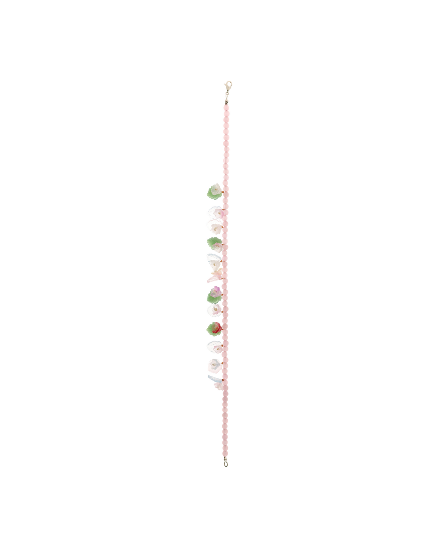 Long pink bead necklace with dangling flower charms and small loop