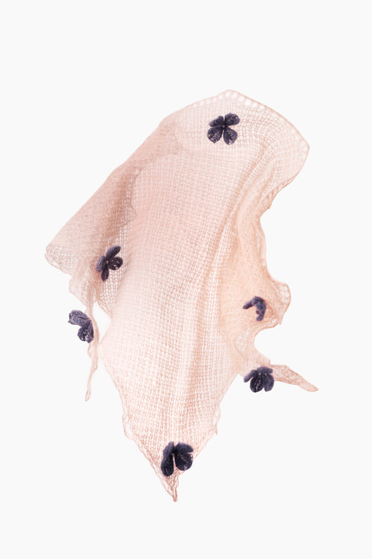 Pink scarf with sheer mesh and dark navy floral appliques, tassel edges