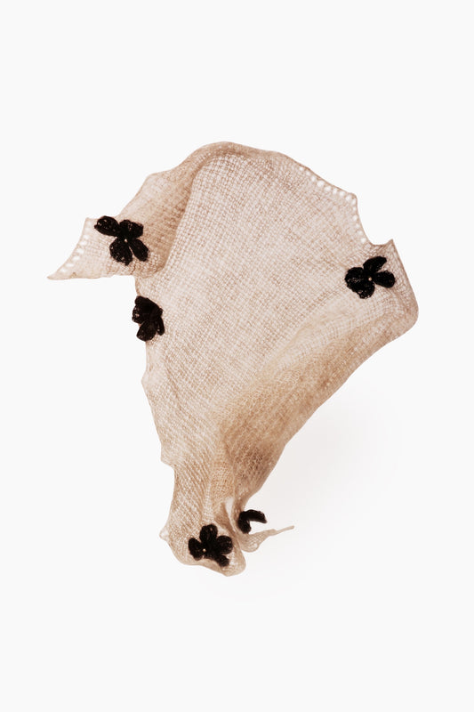 Beige scarf with black clover flower appliques, draped triangular style