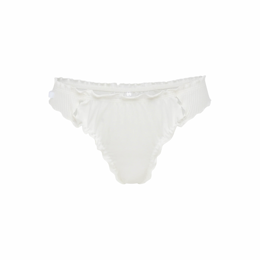 White wavy tanga underwear with scalloped edges and ruched waistband