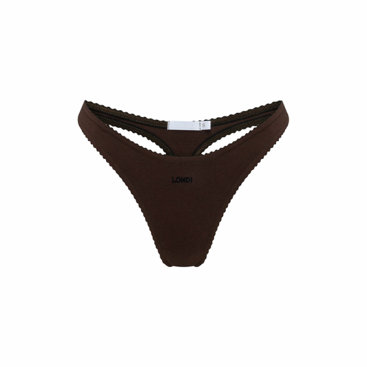 Brown lace-trim thong with front V-cut