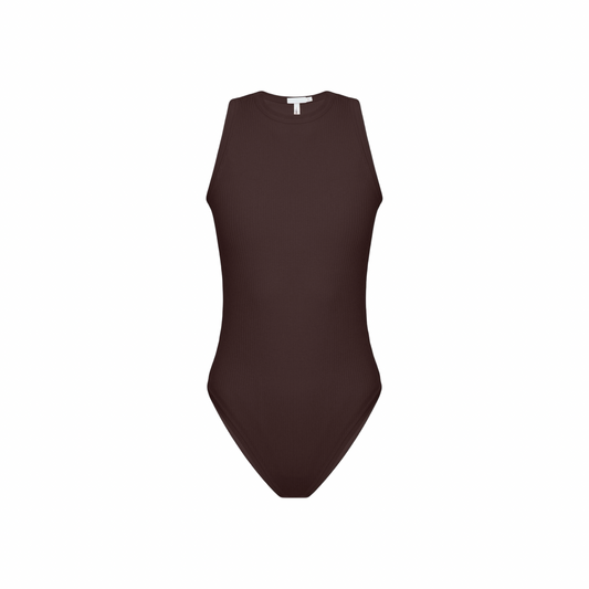 Brown sleeveless bodysuit with round neckline and thong bottom