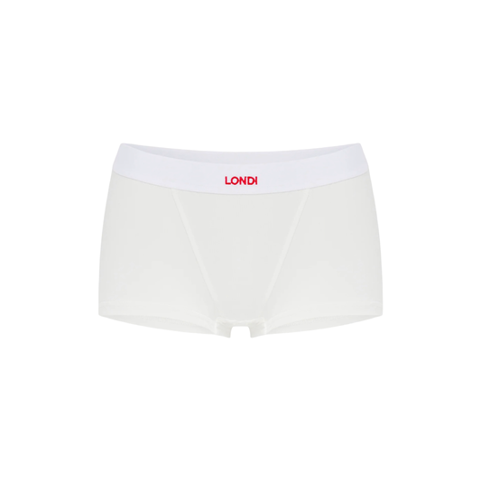White boyshorts with wide waistband and LONDI logo