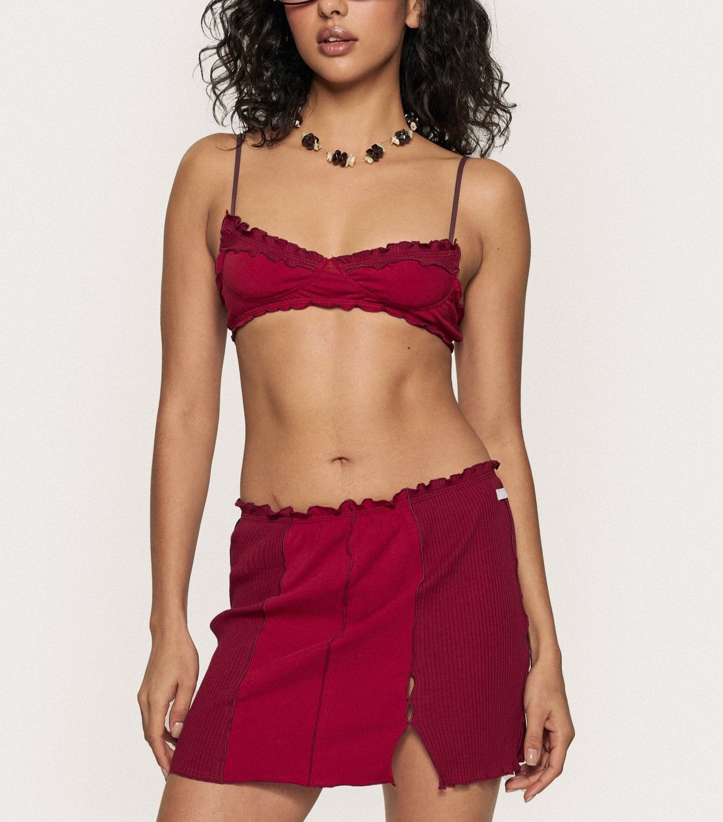 Burgundy ruffled bandeau bralette with scalloped edge and thin straps