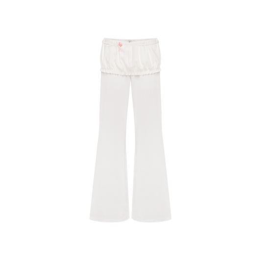 White wide-leg pants with gathered elastic waistband