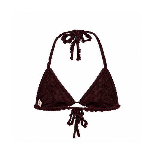 Brown bikini top with triangle cups, ruffled trim, and string tie at center.