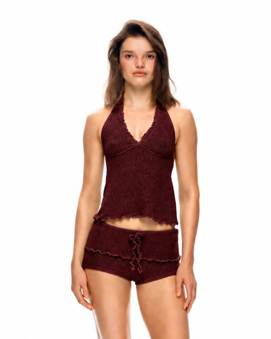 Burgundy halter tankini top with scalloped trim and tied neckline