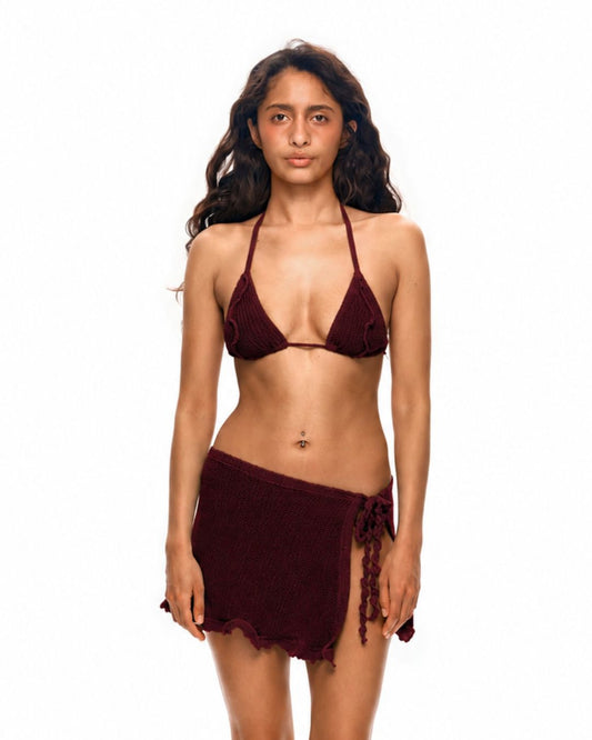 Beach wrap skirt in burgundy with side tie detail and short scalloped hem
