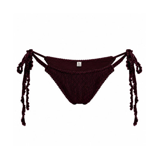 Bikini bottoms with side ties, dark burgundy knit triangle-cut